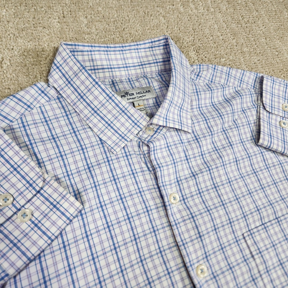 Peter Millar Summer Comfort Shirt Men Large White Blue Plaid Stretch Button Up